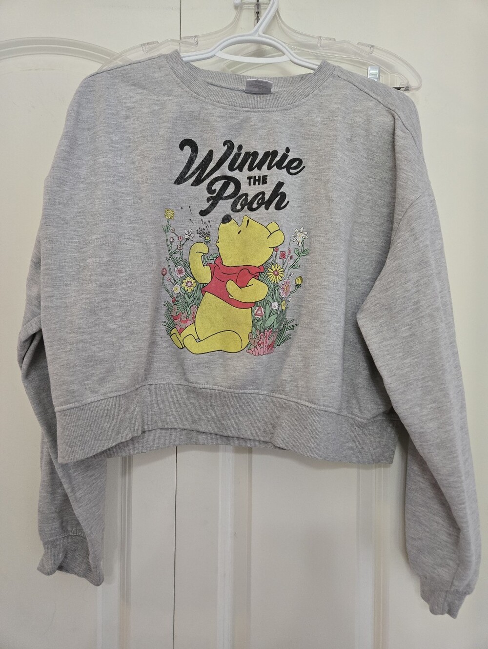 Disney Winnie the Pooh Women's Heather Gray Graphic Crewneck Crop Sweatshirt